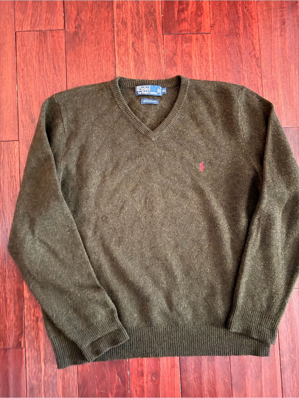 Polo by Ralph Lauren Olive Green V-Neck Sweater 100% lambs wool with red pony